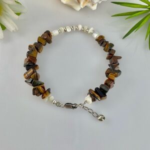 Tiger Eye Chip Stone & Mother of Pearl Sterling Silver Gemstone Beaded Bracelet